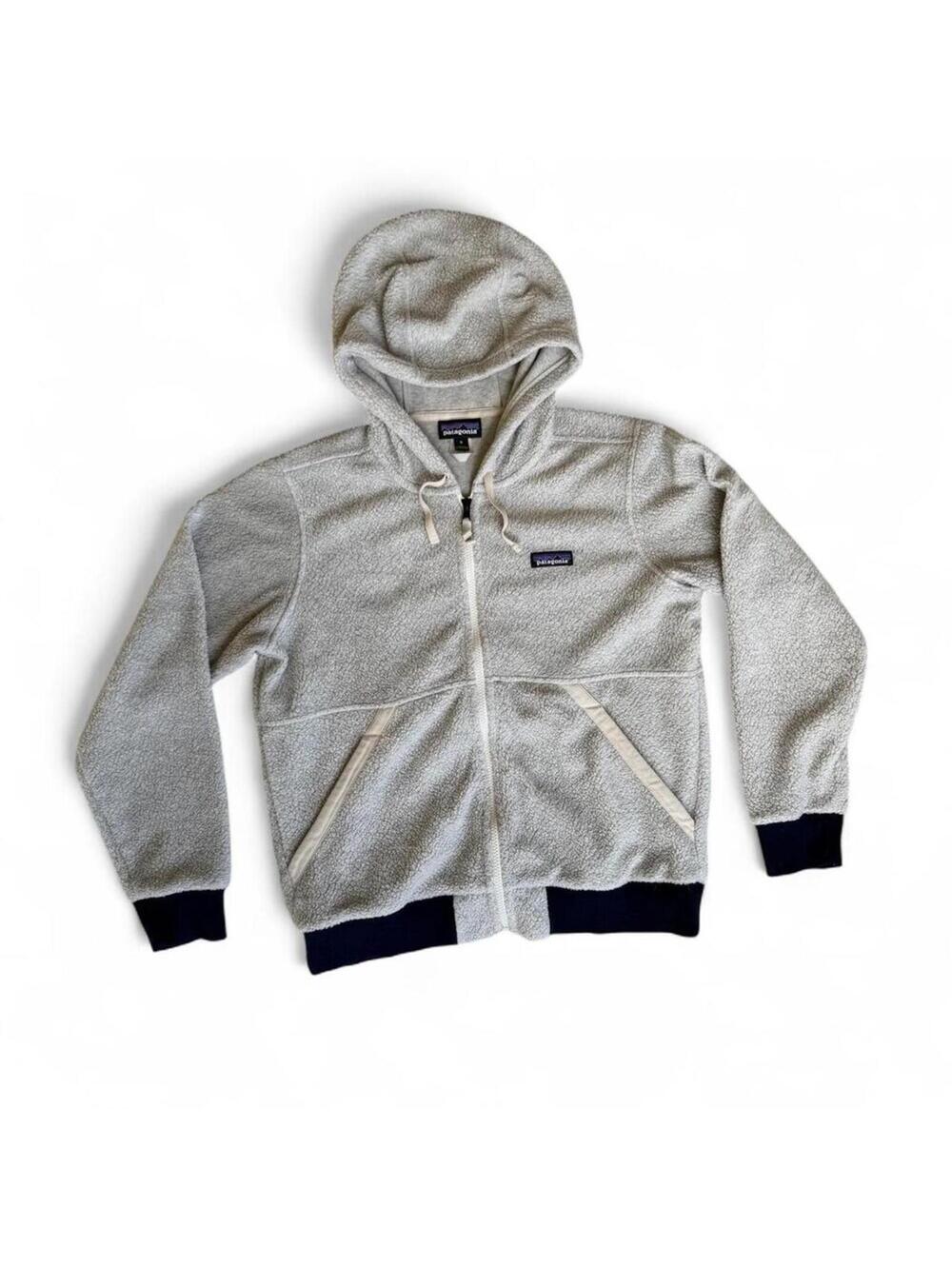 Patagonia Women's Grey and Cream Hoodie fleece jacket full zip M MEDIUM